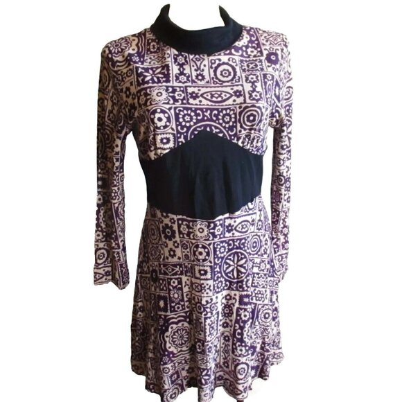 Vintage 1970's Women's Dress 6/8 Mod Purple Print Acetate Mini Geometric Zipback - Picture 2 of 4